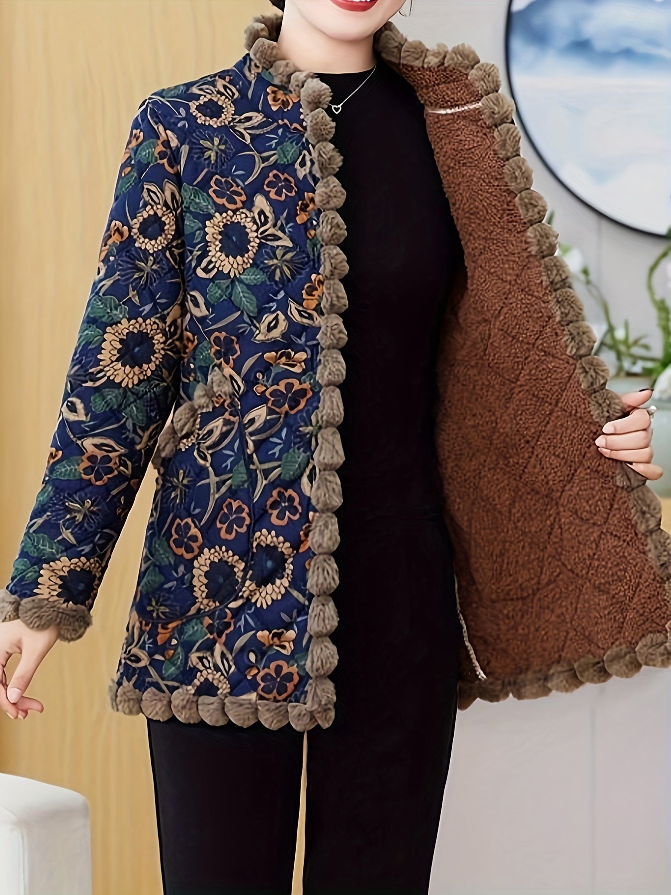 Vintage Quilted Jacket with Pom-Pom Fringe Stand Collar Long Sleeve Floral Pattern