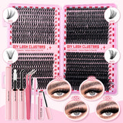 DIY Eyelash Extension Kit with 800 D-Curl Doll Cross Cluster Lashes 9-16mm with Tools
