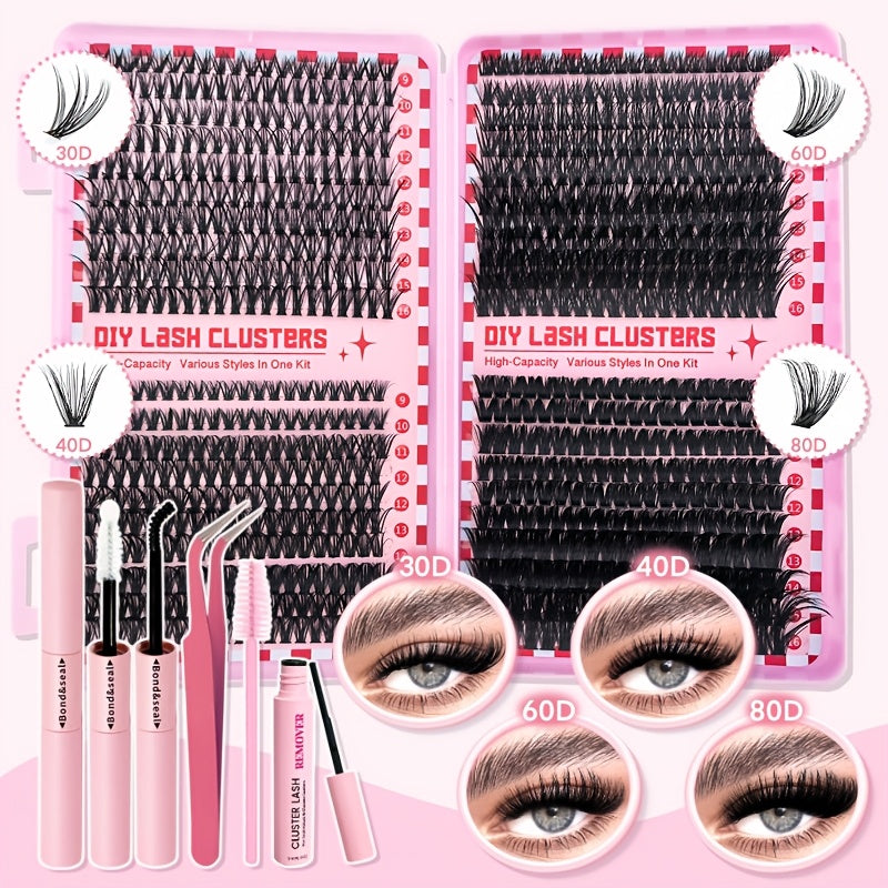 DIY Eyelash Extension Kit with 800 D-Curl Doll Cross Cluster Lashes 9-16mm with Tools