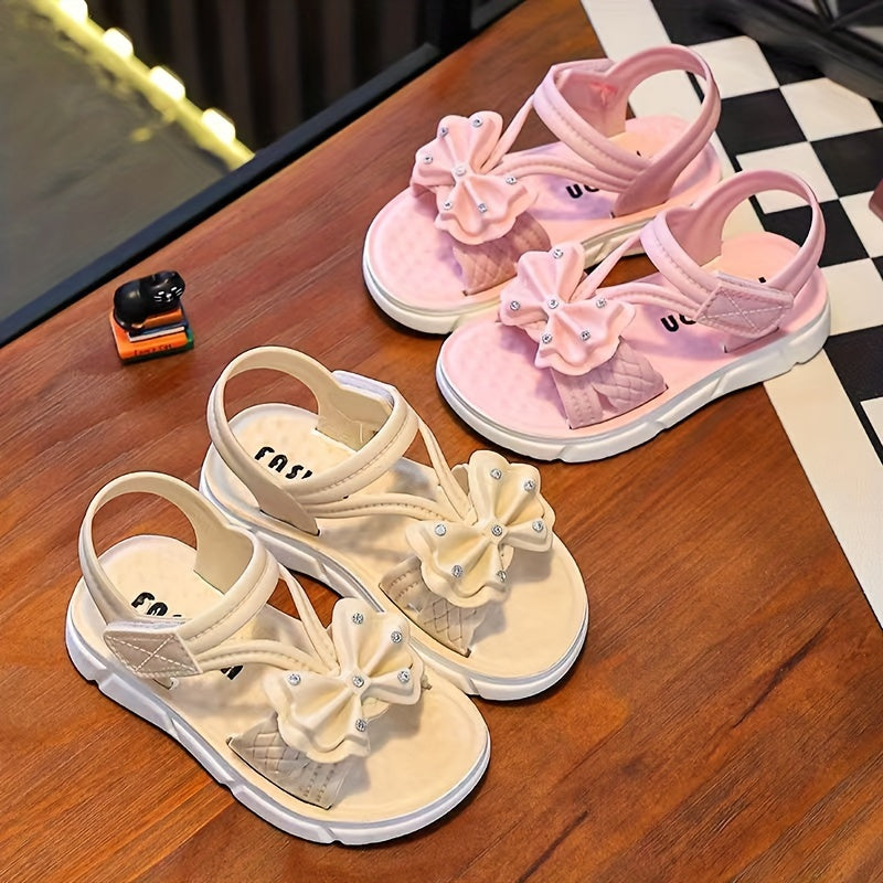 Girls' Sandals with Bowknot Summer 2024 Low Top Breathable Beach Footwear Black White Pink Cream