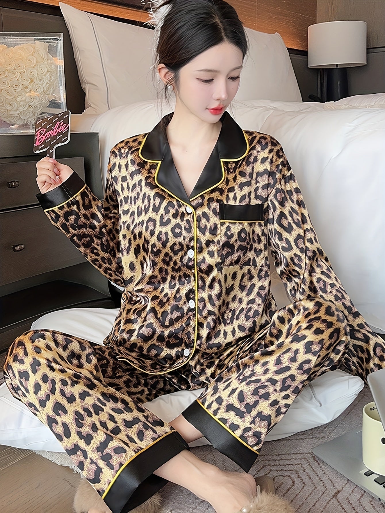 Women's Leopard Print Pajama Set Long Sleeve Lapel Collar Polyester Spandex Fall Winter
