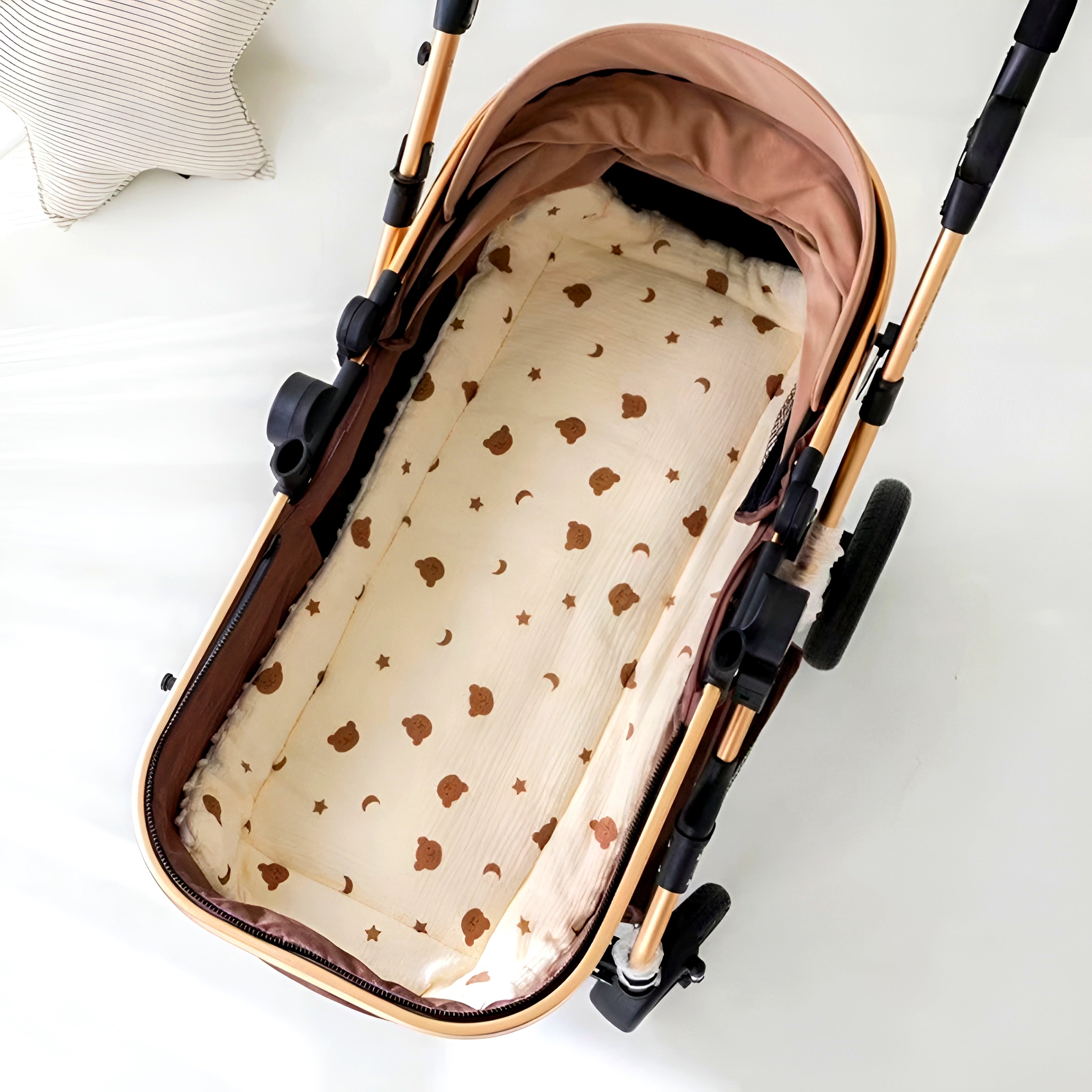 Double-Sided Cotton Baby Stroller Mat Beige with Moon Bear Design Soft Washable