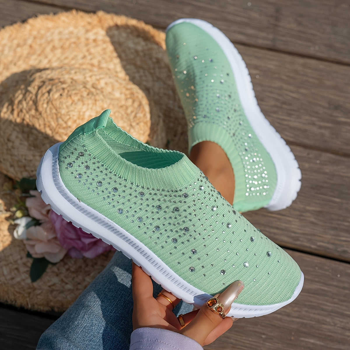Women's Breathable Slip-On Casual Sneakers with Sparkling Crystal Accents