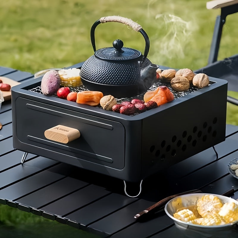 Portativ kvadrat ko'mir grill va choy qovurish uchun ventilyatsiya teshiklari va ergonomik tutqichlar bilan sayohat, hovli va pikniklar uchun. Qattiq dizayni bilan grill qilish va choy damlash uchun mo'ljallangan, qulay