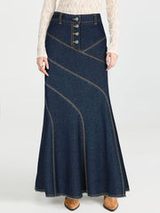 Plus Size Dark Blue Denim Midi Skirt with Button Front and High Waist