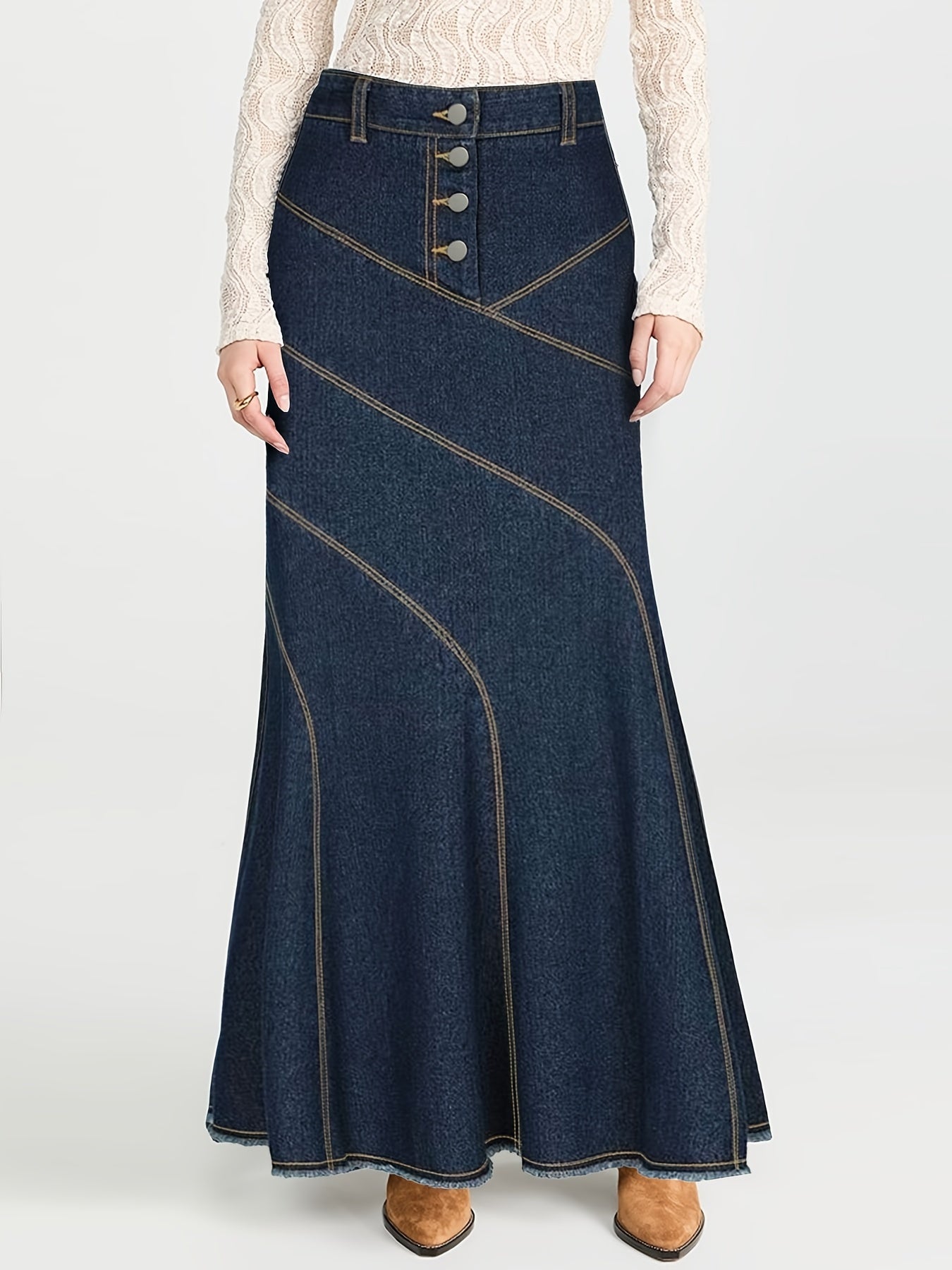 Plus Size Dark Blue Denim Midi Skirt with Button Front and High Waist
