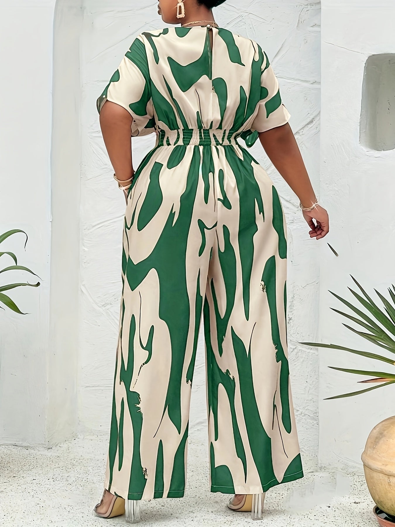Plus Size Women's Tropical Print V-Neck Jumpsuit Lightweight Polyester Green Beige Camouflage