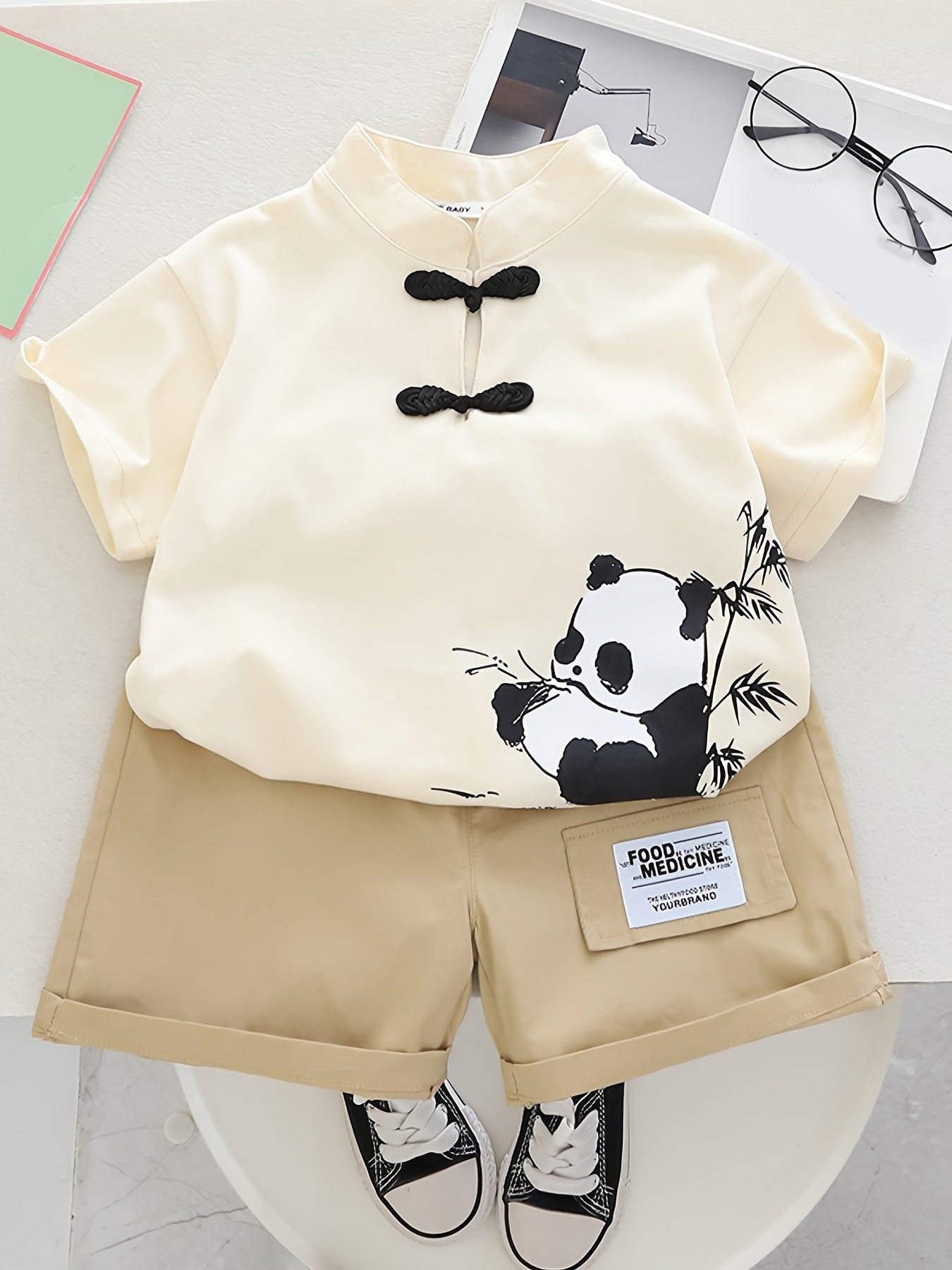 Kids Summer Outfit Panda Cartoon Short Sleeve Top and Shorts Breathable Polyester