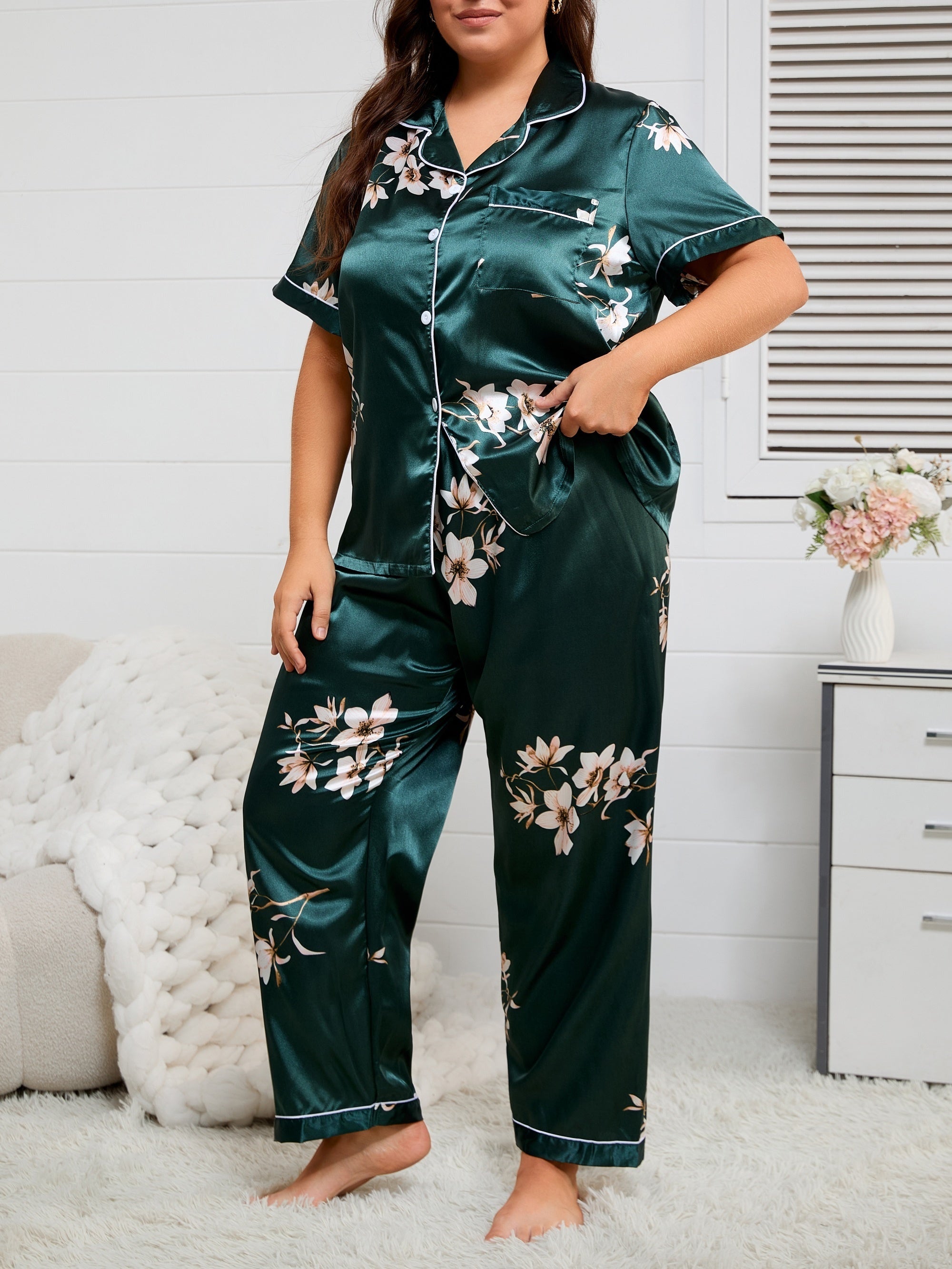 Цветной цветочный пижамный комплект для взрослых, всесезонный, большие размеры, короткий рукав