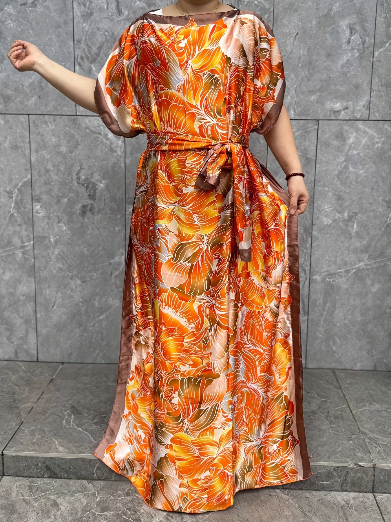 Плюс сайз женское платье-кафтан с цветочным принтом, короткий рукав, круглый вырез, свободный крой, длинная длина, тропический принт, лето, вечеринка, повседневный стиль