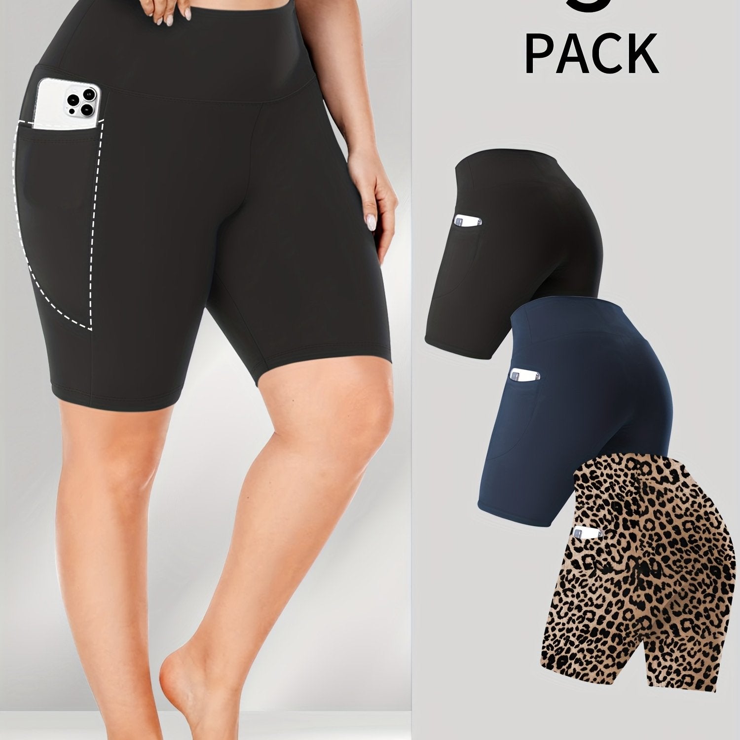 Women's High-Waist Biker Shorts Plus Size Crescent Moon Pockets Stretchy Polyester