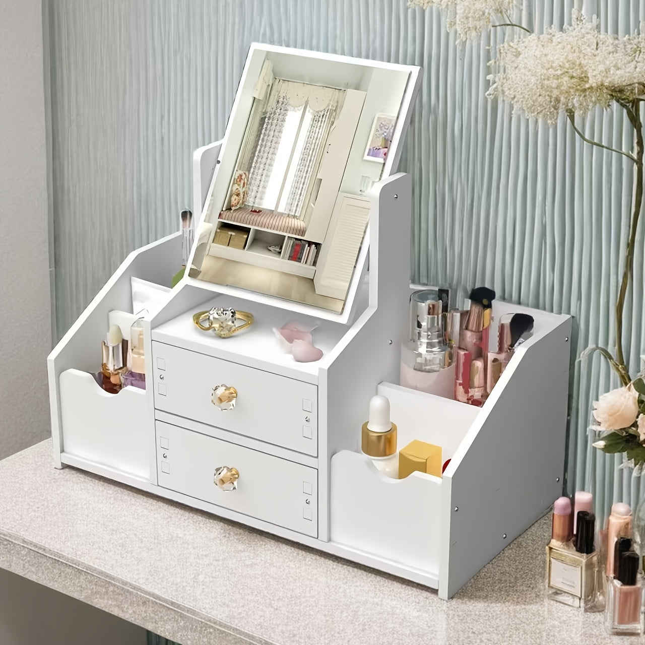 Countertop Makeup Organizer with Mirror Drawer Floral Design for Skincare and Phone Storage