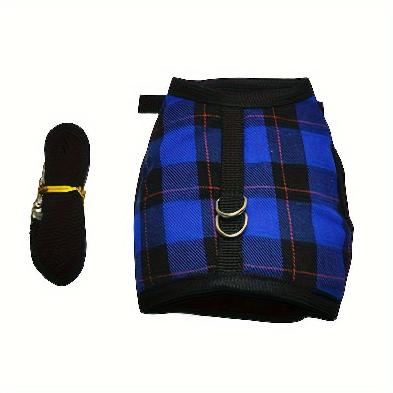 Checkered Blue and Red Hamster Harness and Leash Set with Bell Adjustable Breathable