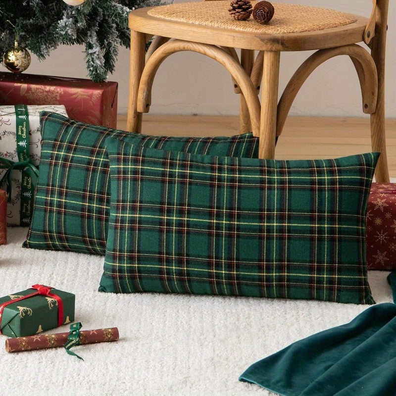 Set of 2 Vintage Red Green Plaid Christmas Pillow Covers Linen Farmhouse Decor