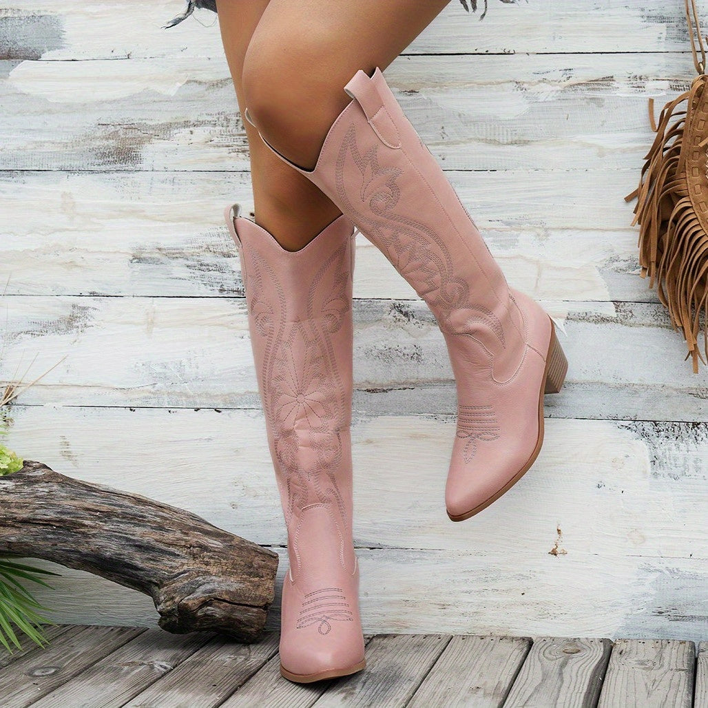 Women's Western Cowboy Boots Faux Leather Floral Embossed Pointed Toe