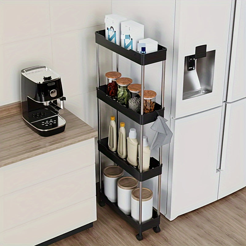 2-Tier Rolling Storage Cart Black Stainless Steel Wooden Accents for Kitchen Bathroom Organization