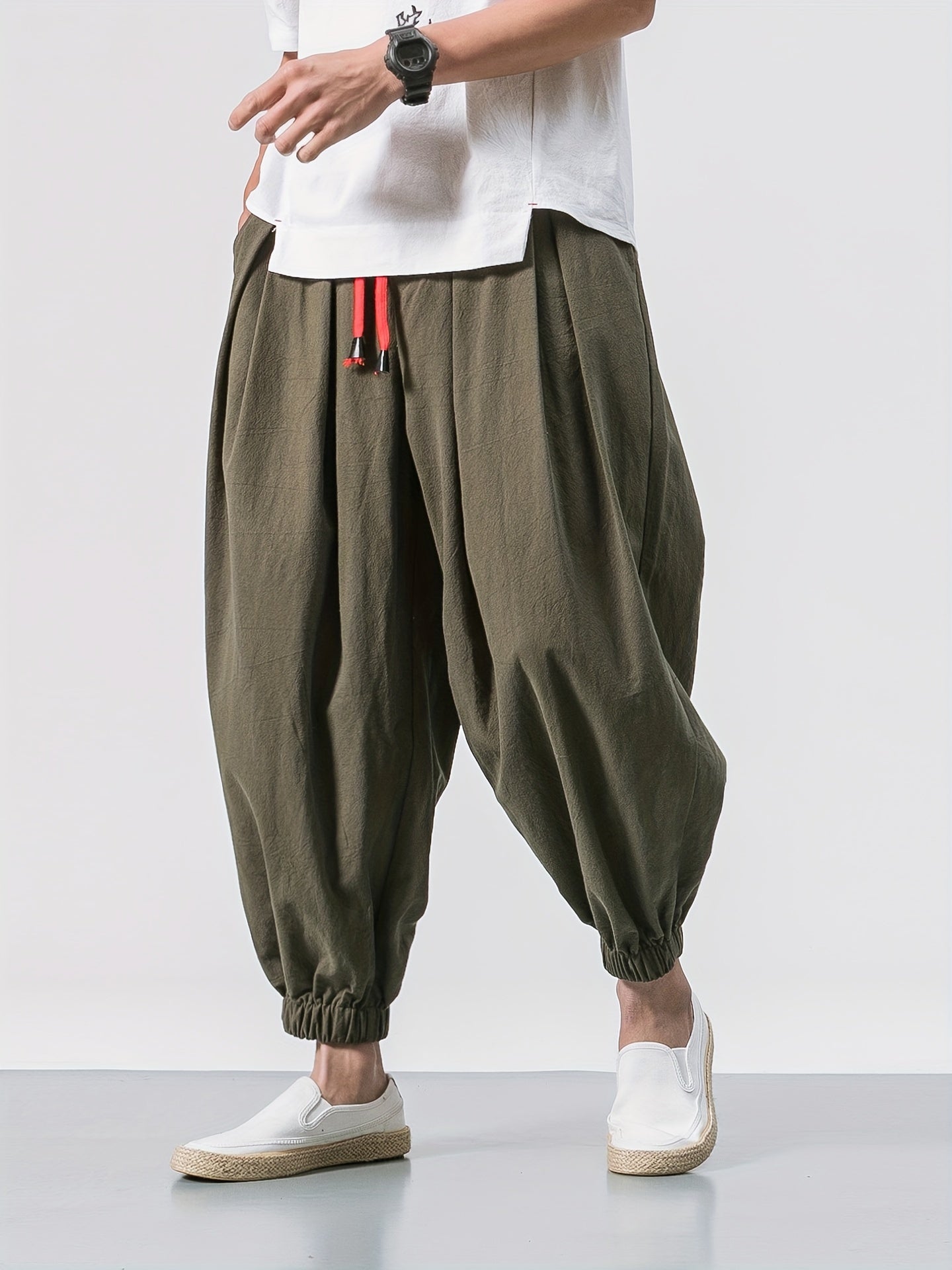 Men's Black Linen Cropped Pants with Drawstring Waist Pockets Breathable Casual Fit