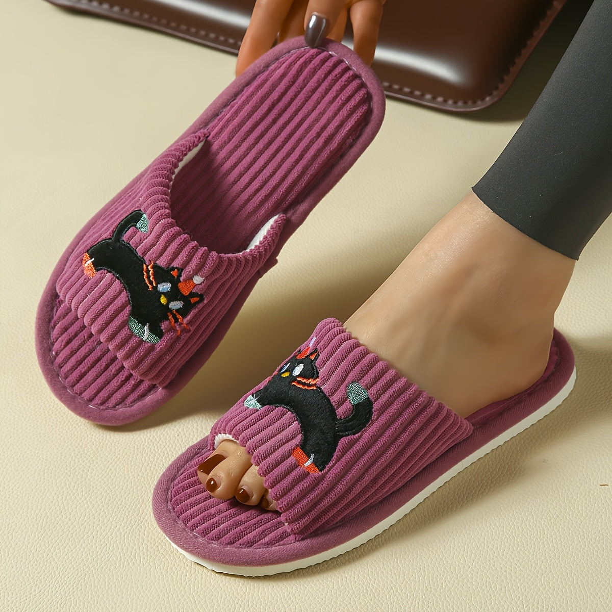 Women's Cotton Striped Cat Design Slip-On Home Slippers