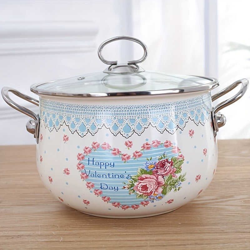 Enamel Stew Pot with Stainless Steel Handle and Transparent Cover for Gas and Electric Stoves