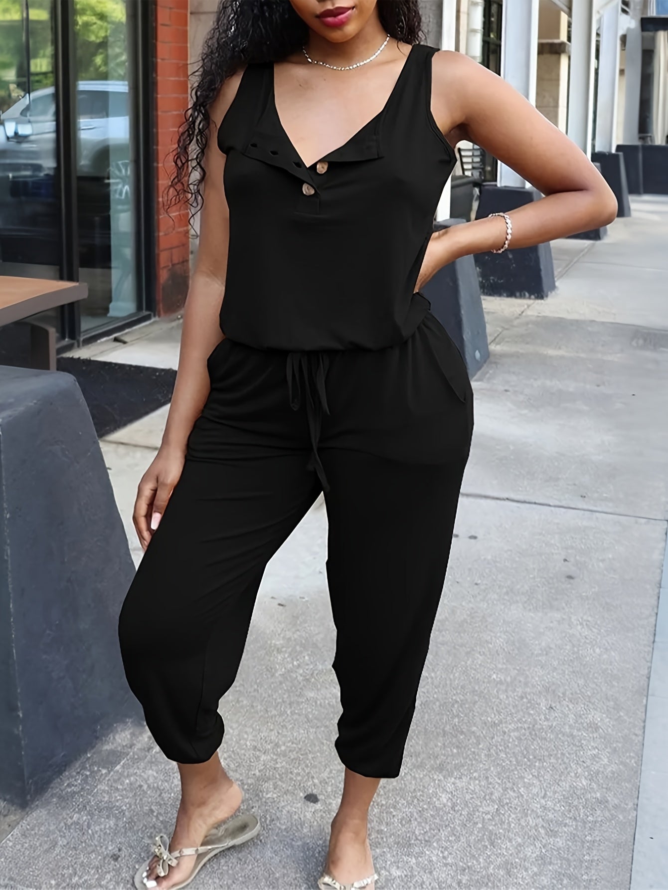 Plus Size Women's Black Casual Jumpsuit - Elastic Waist, Sleeveless, Wide-Leg