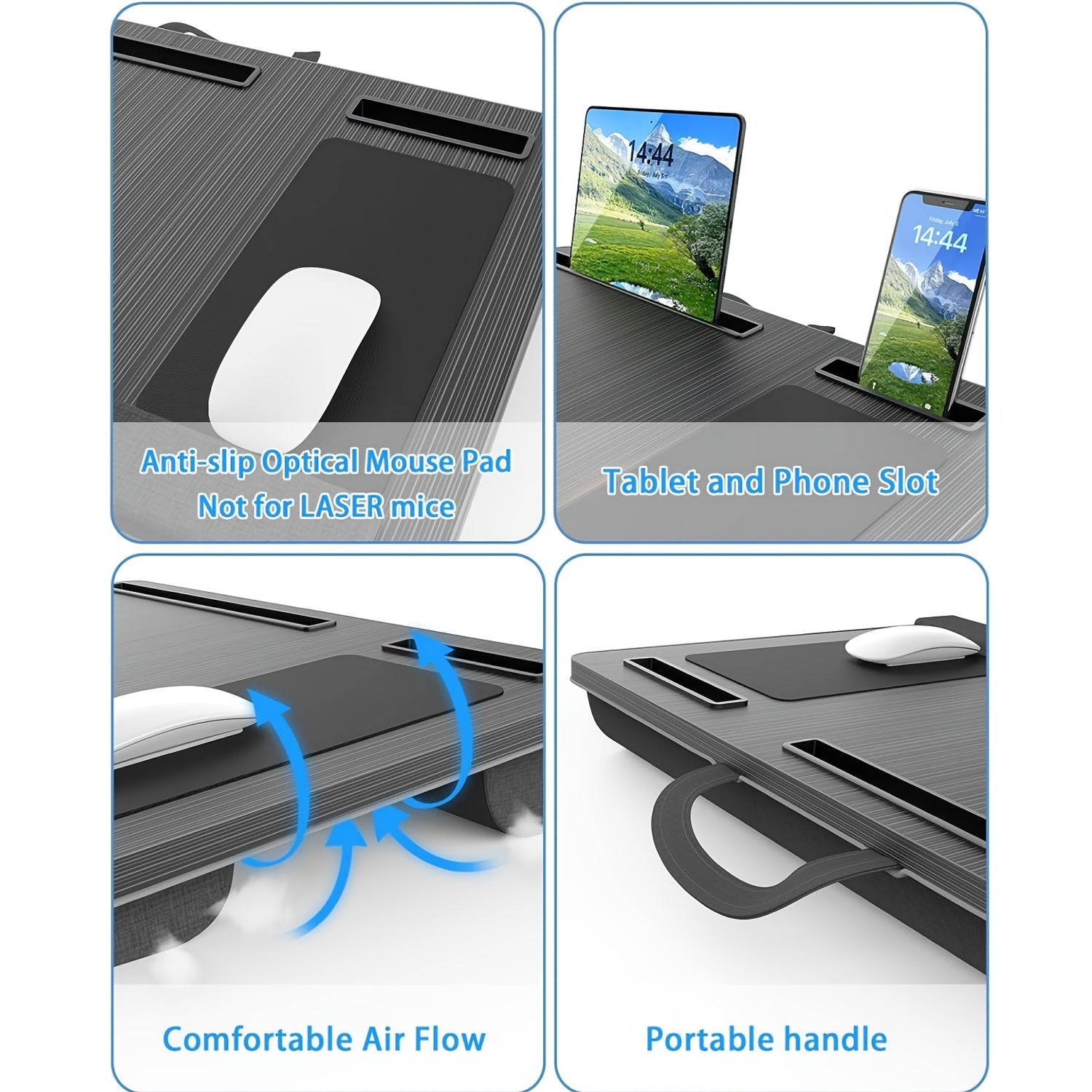 Большой портативный столик для ноутбука для взрослых с подставкой для запястья, ковриком для мыши, отсеком для телефона и ручкой, черный
