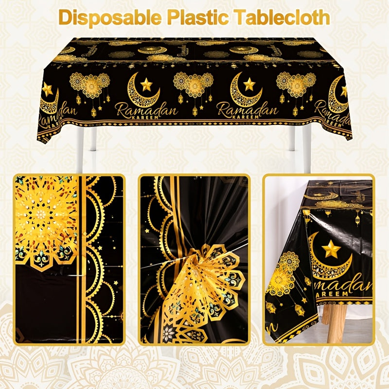 Ramadan Disposable Plastic Tablecloth Black Gold Moon Lantern Star 130x220cm for Eid Al-Fitr and Eid Al-Adha