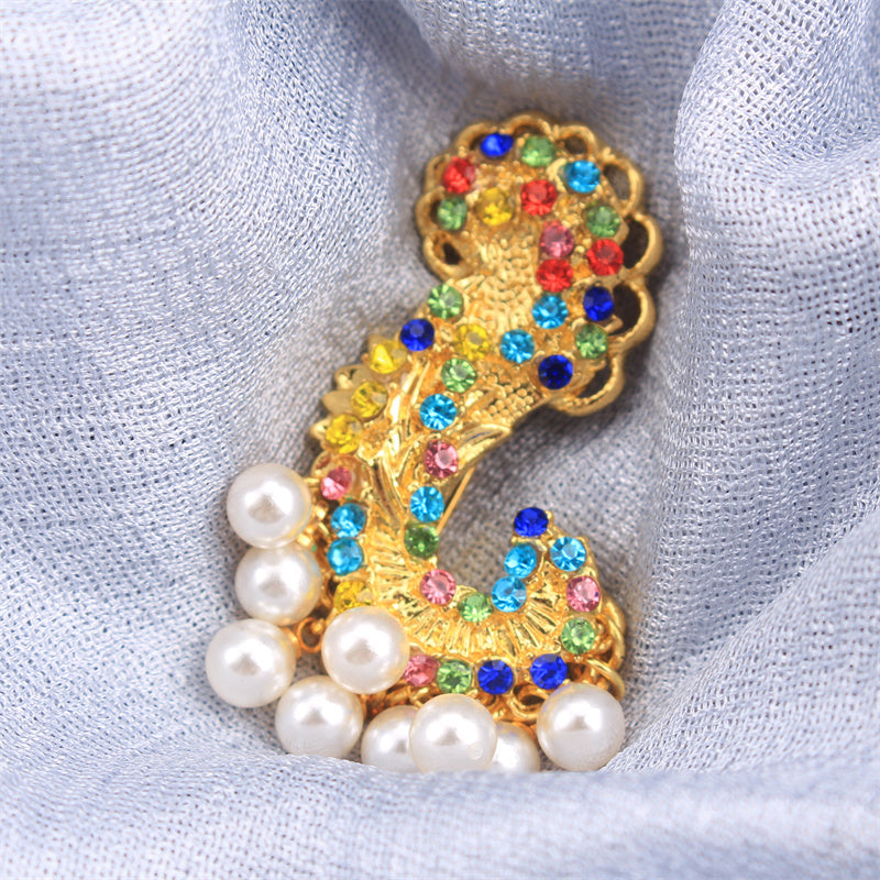 Fish Hook Brooch with Pearls and Rhinestones for Parties and Daily Wear