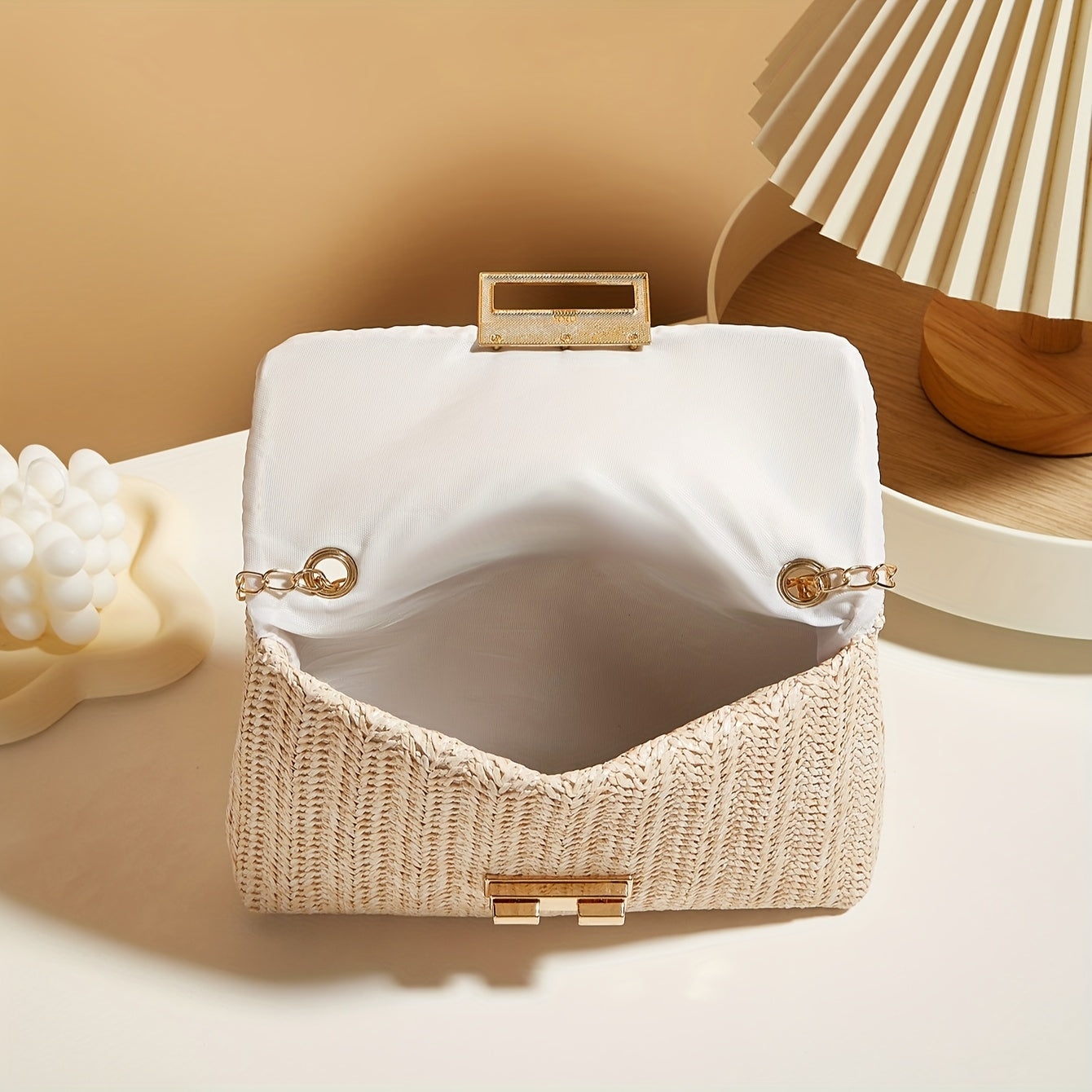 Bolso de hombro de tela entretejida para mujer con correa de cadena y hebilla de cierre, bandolera casual, color beige caqui