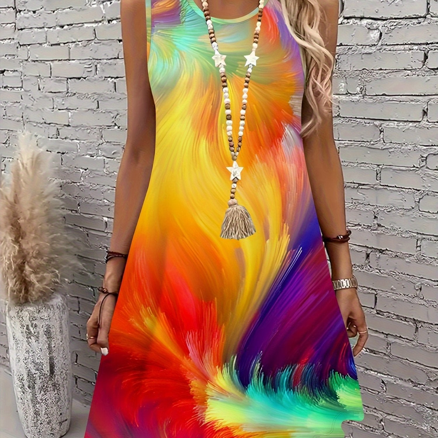 Women’s Plus Size Sleeveless Activewear Dress with Vibrant Print and Stretchy Fabric