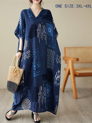 Plus Size V-Neck Kaftan Dress Short Sleeve Casual All-Season Woven Gown
