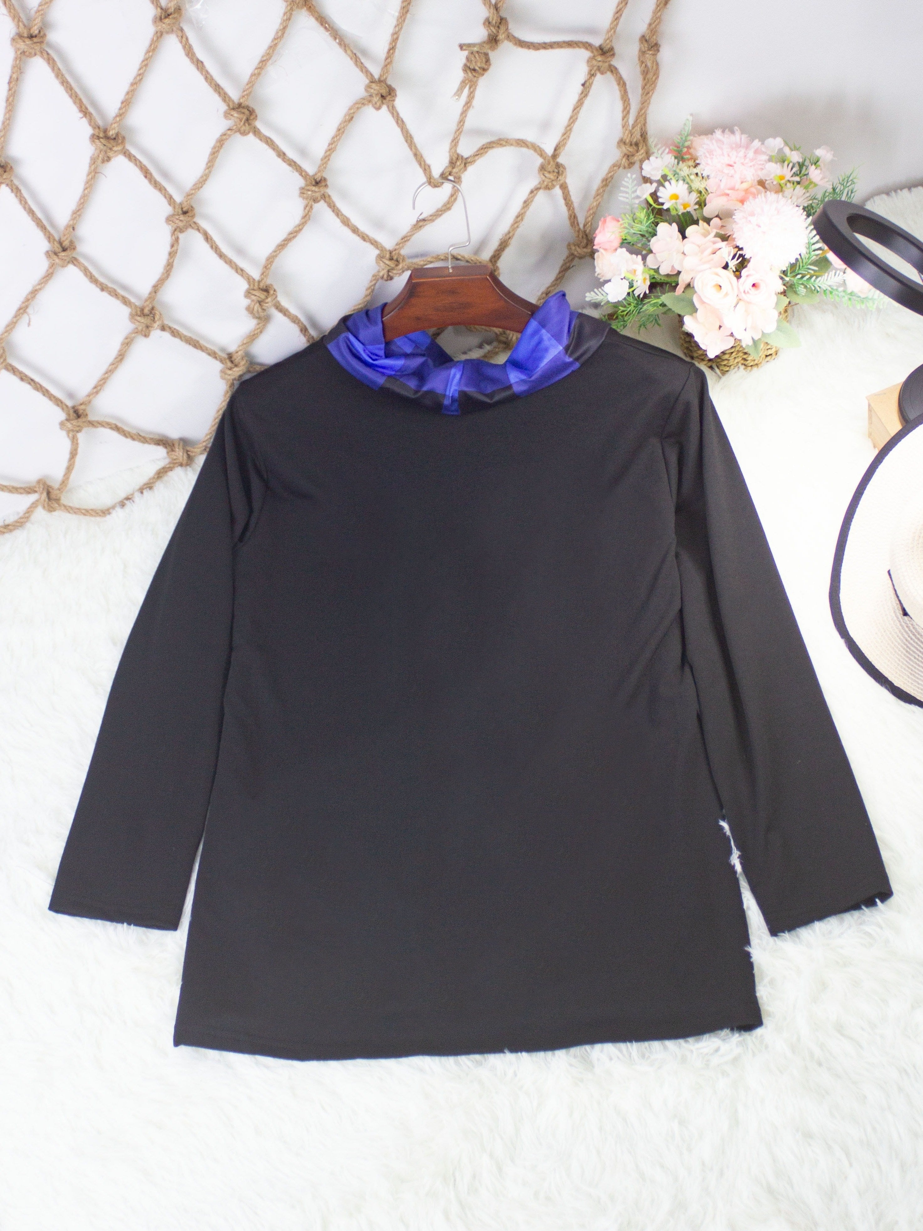 Plus Size Women's Gingham Plaid T-Shirt with Cowl Neck and Button Details