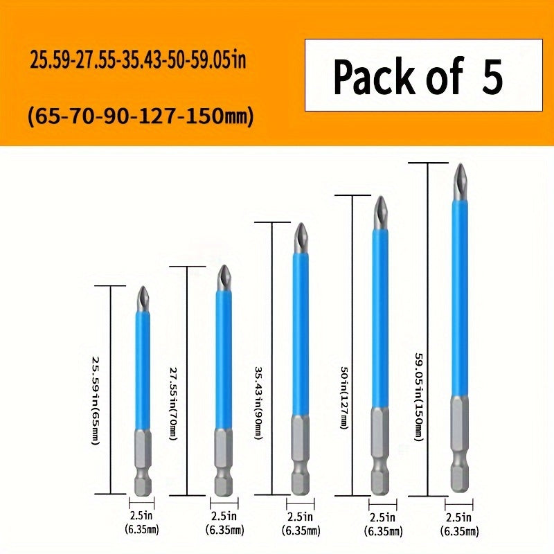 Juego de 5 piezas de puntas de destornillador de cruz magnéticas de acero S2 con alcance extendido