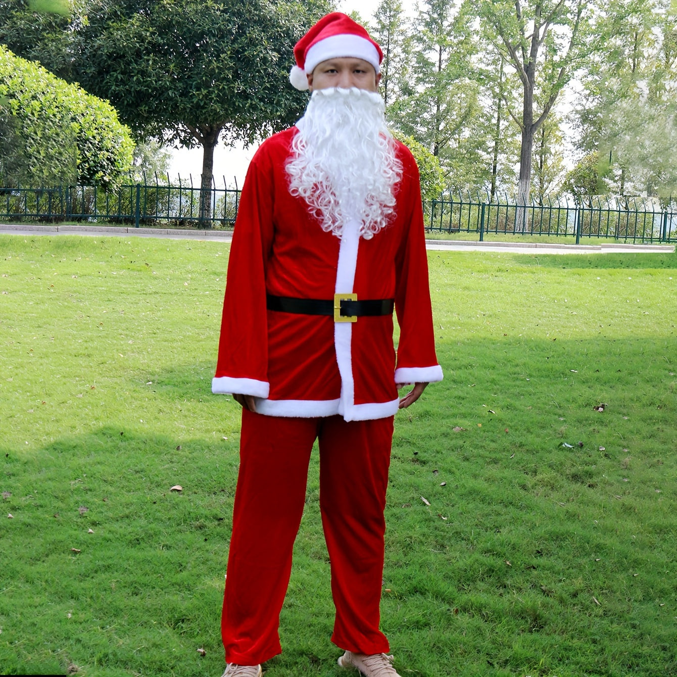 Stylish Santa Claus Costume 5-Piece Red Coat Trousers Hat Beard for Holiday Dress Up