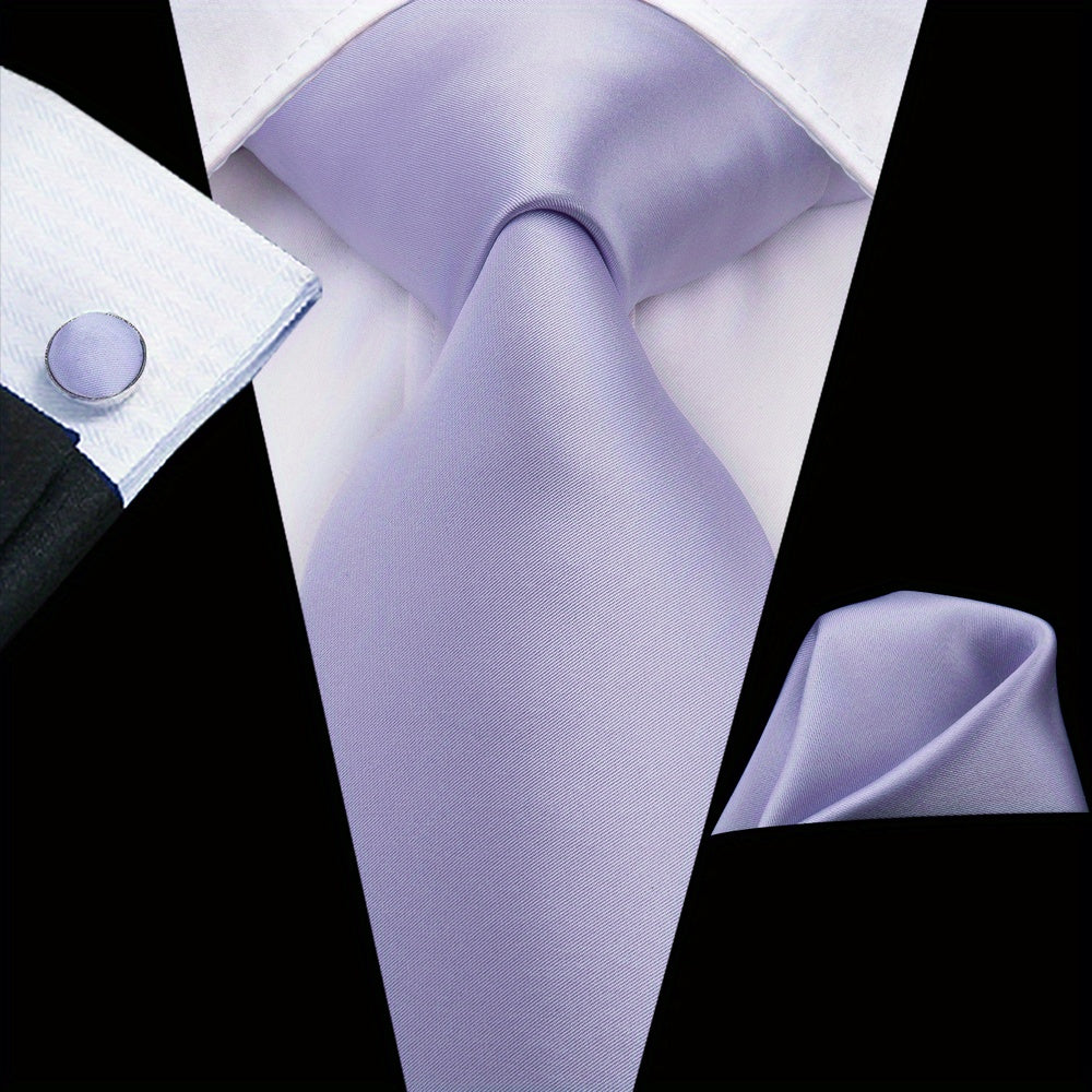Men's Jacquard Woven Solid Necktie Set with Hanky and Cufflinks for Weddings and Business