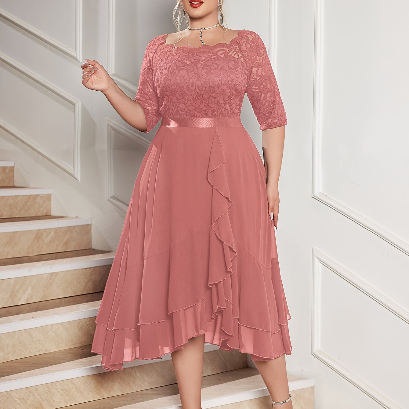 Plus Size Off Shoulder Lace Chiffon Midi Dress Ruffle Sleeve Wedding Party