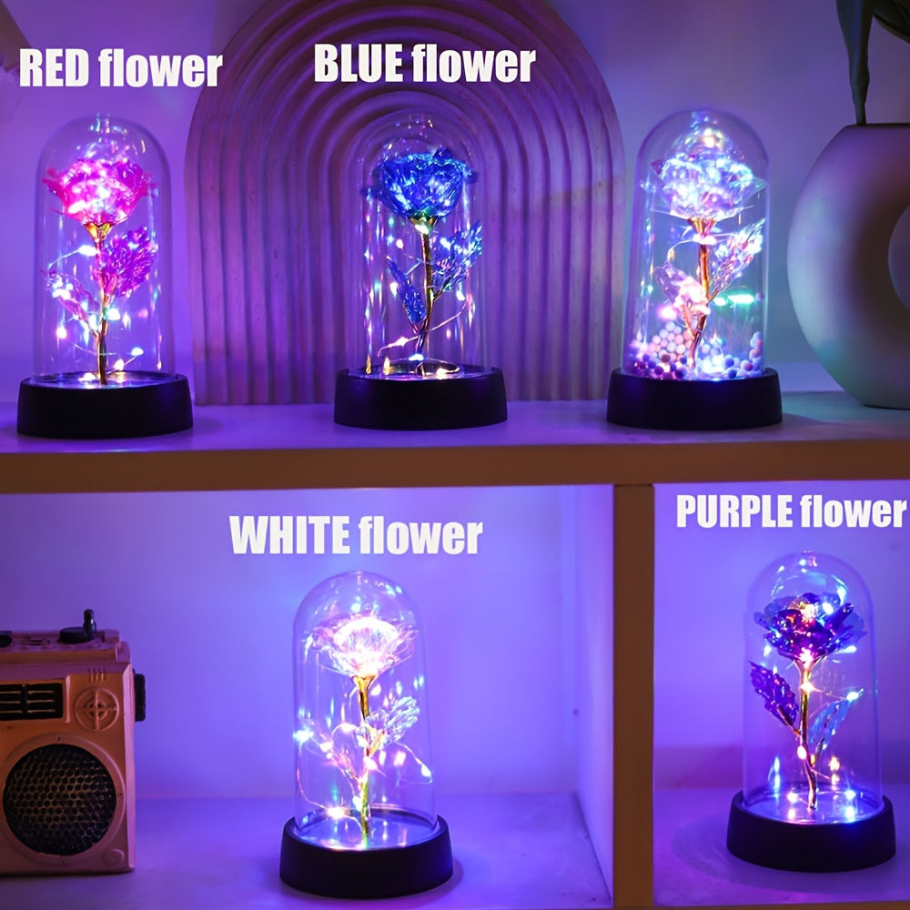 LED Night Light Rose in Glass Dome Pink or Yellow Flowers Battery Powered Gift for Valentine's Day Mother's Day Weddings