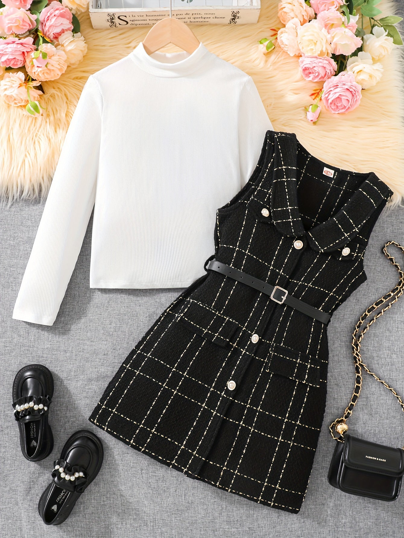 Детский комплект из платья в клетку и топа с высоким воротником, полиэстеровая смесь, весна-осень, для прогулок на улице