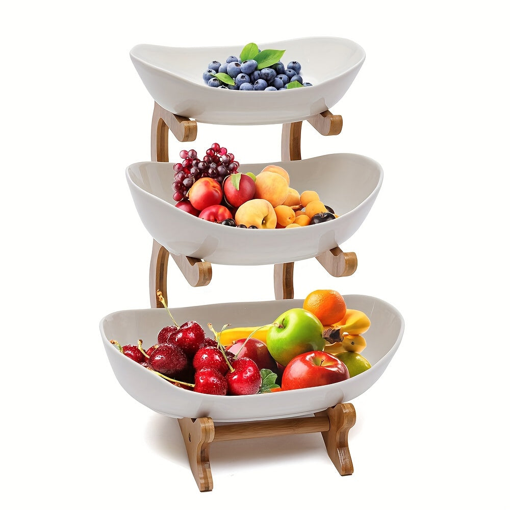 3-Tier Ceramic Fruit Tray with Wooden Stand Kitchen Vegetable Basket Durable