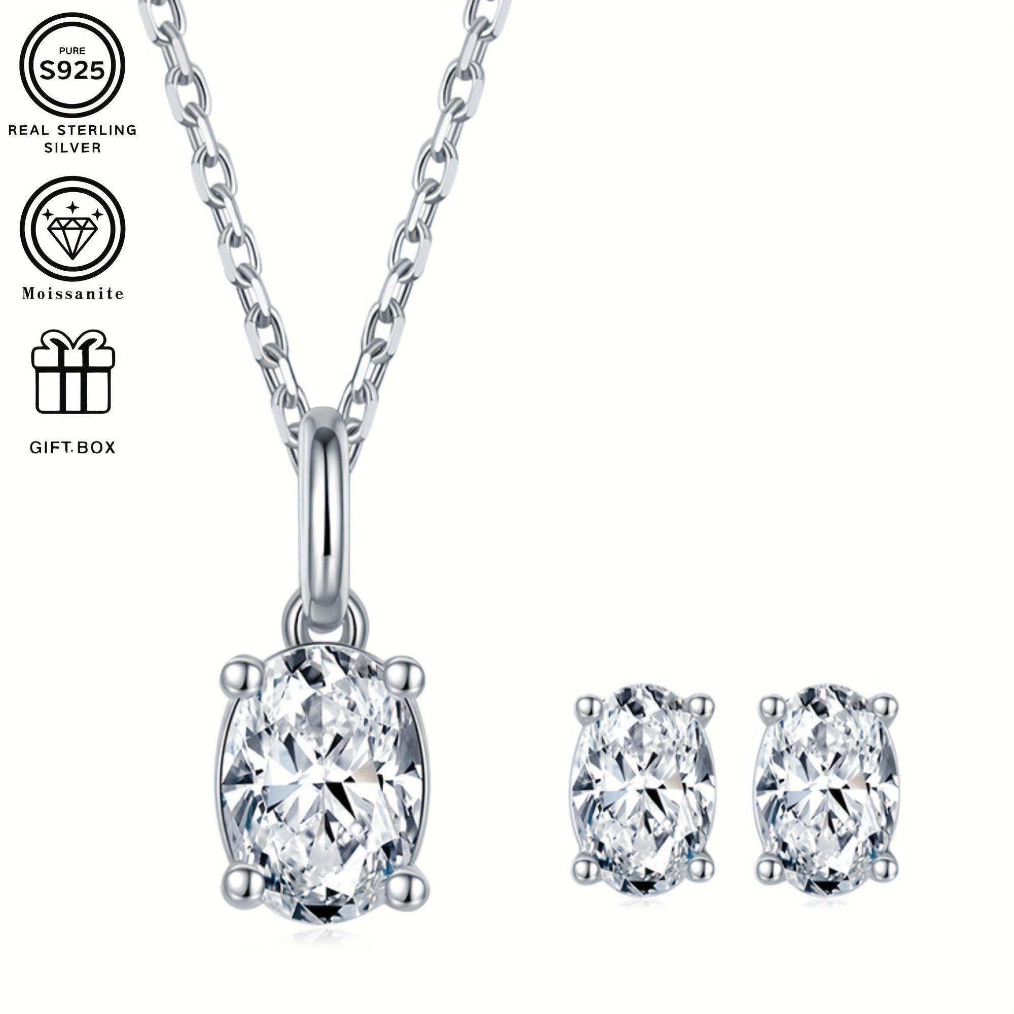 Sterling Silver Jewelry Set with Moissanite Pendant Necklace and Stud Earrings for Women