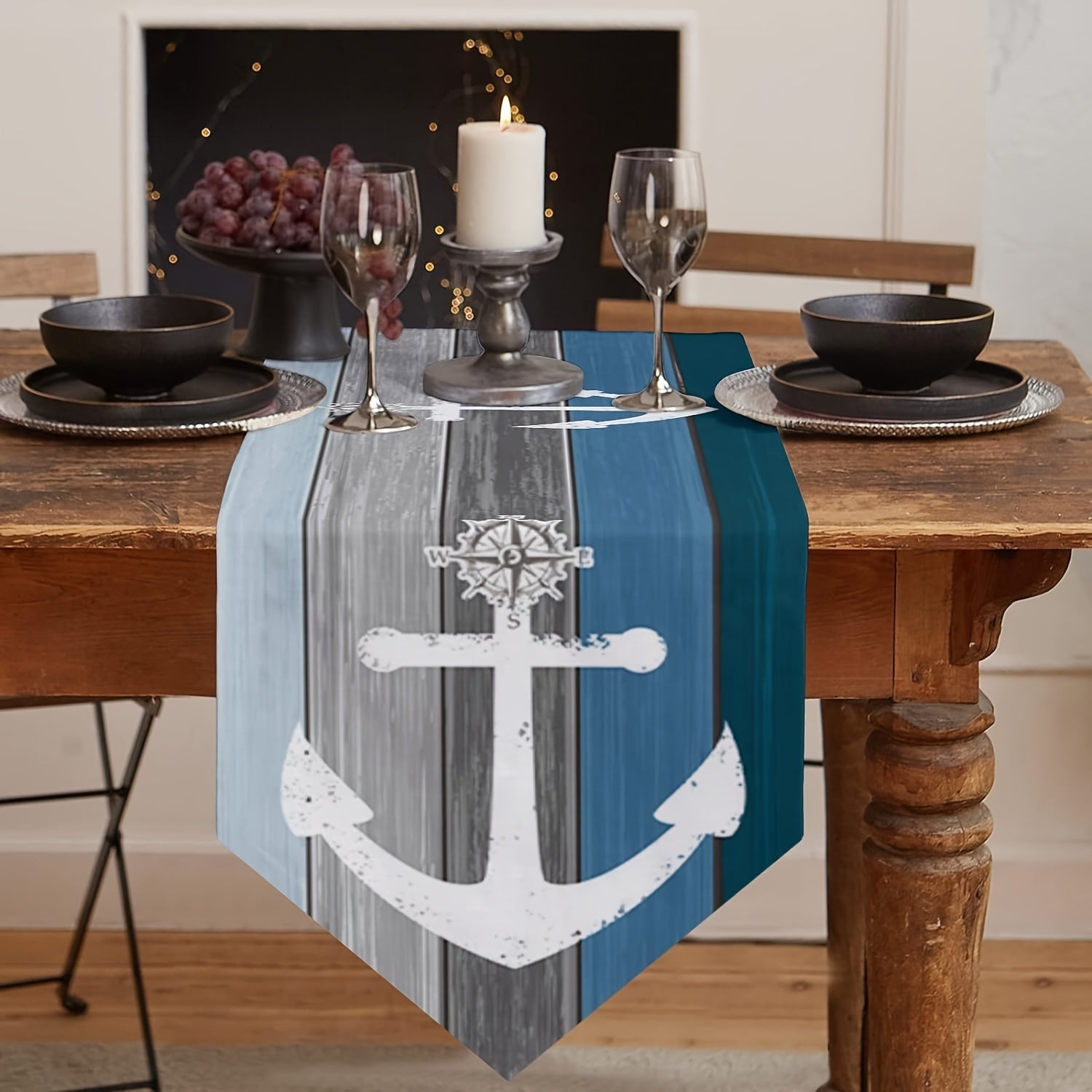 Nautical Table Runner Anchor and Compass Design Gray Blue Wood Grain 13x48 13x72 13x108