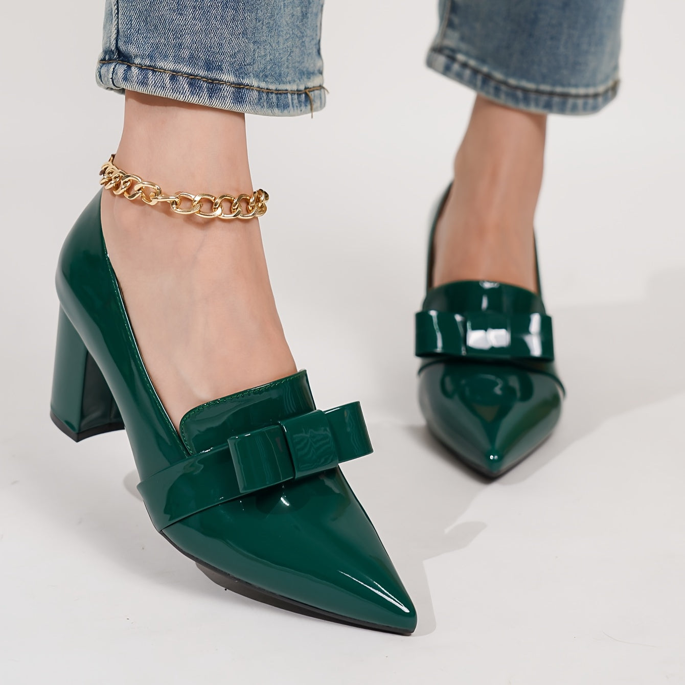 Women's Pointed Toe Slip-On Pumps with Bowknot Chunky Heel All-Season