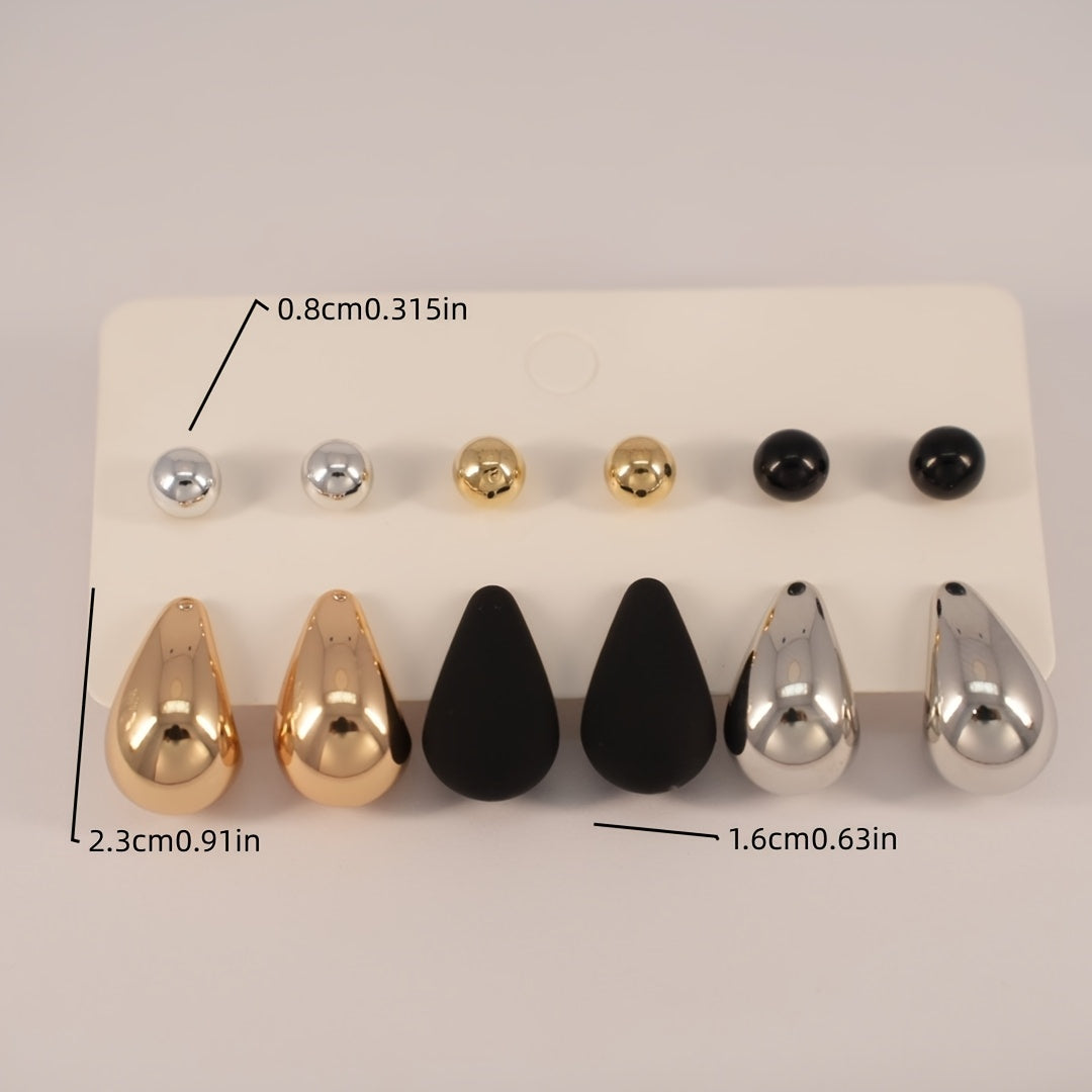 12-Piece Stainless Steel Hoop Earrings Set with Teardrop and Sphere Studs for Women