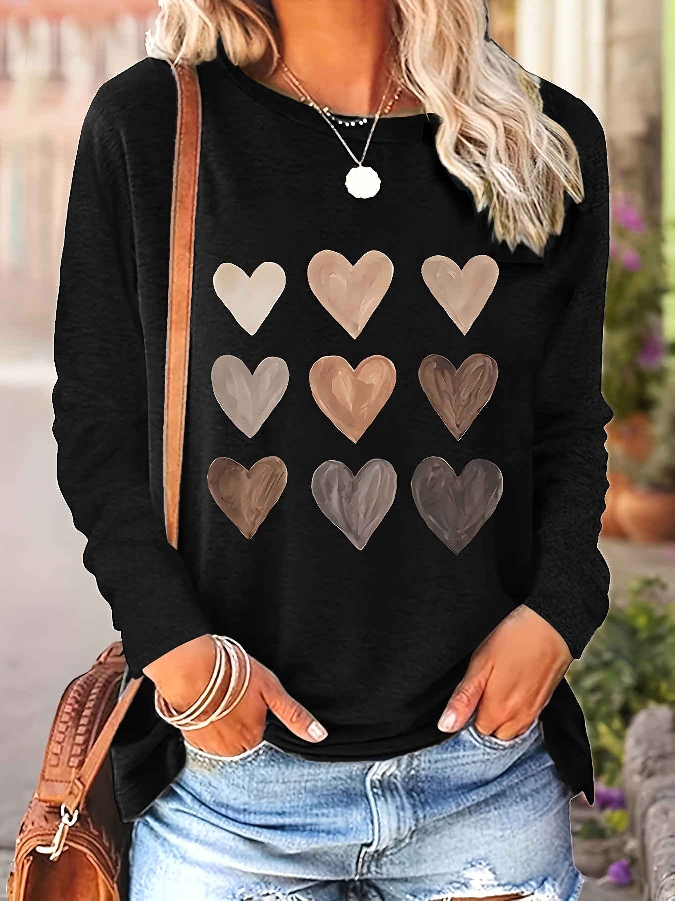 Plus Size Long Sleeve T-Shirt Polyester Knit Heart Pattern Crew Neck Spring Fall