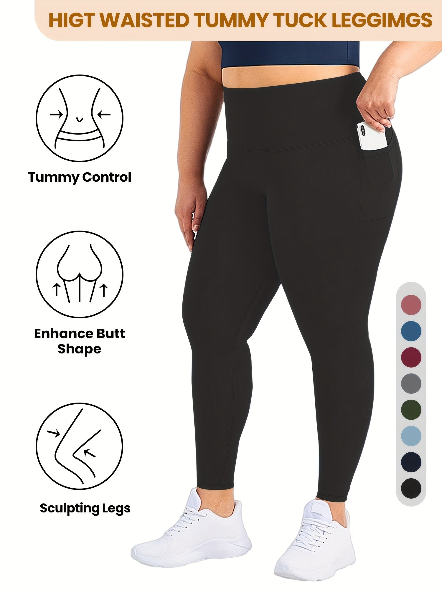 Plus Size High Waist Yoga Pants with Pockets Stretch Tummy Control Activewear