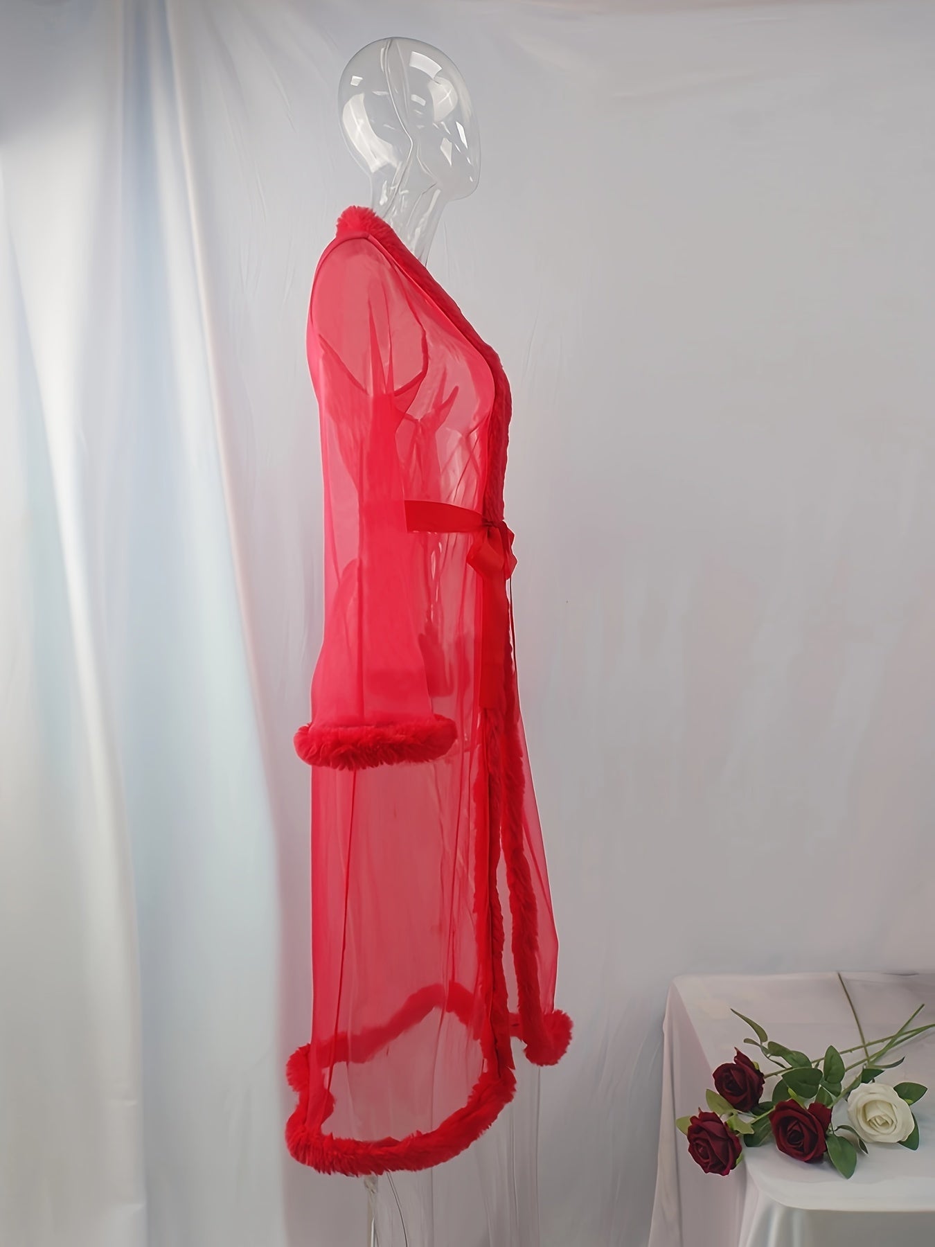 Women's Sheer Mesh Lace-Up Lingerie Robe for Mature Sleepwear in Autumn Winter