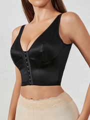 Women's Black V-Neck Shapewear Top with Front Closure Medium Support Knit Nylon Elastane