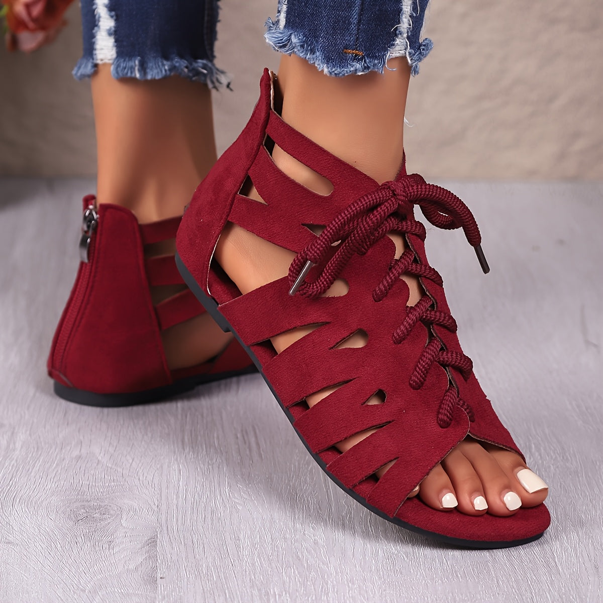 Zapatos romanos retro de mujer con cordones, peep toe, calzado de verano para la playa