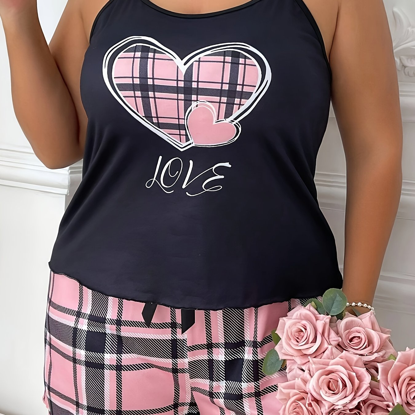 Women's Plus Size Lounge Pajama Set Plaid Heart & Letter Print Cami & Shorts