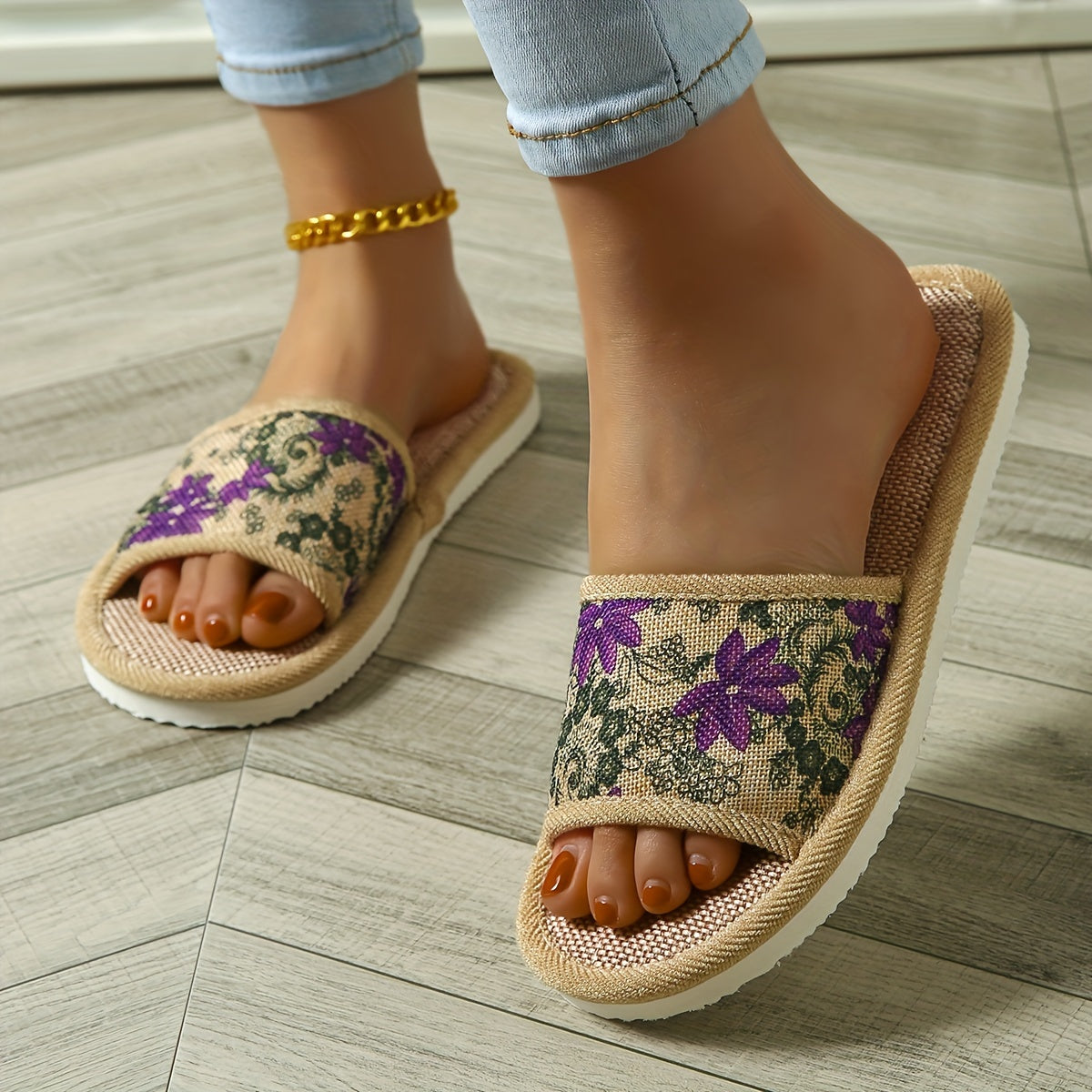 Women's Floral Linen Slippers with Non-slip Sole for Indoor Home Use