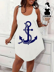 Plus Size Women's Sleeveless Nightdress with Nautical Anchor Print in White